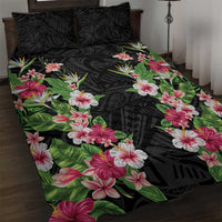 Hawaii Tropical Flowers Quilt Bed Set Black Polynesian Tattoo Art