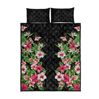Hawaii Tropical Flowers Quilt Bed Set Black Polynesian Tattoo Art
