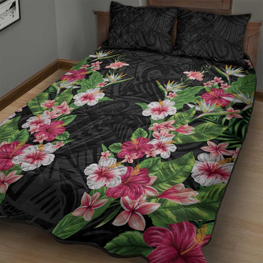 Hawaii Tropical Flowers Quilt Bed Set Black Polynesian Tattoo Art