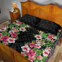 Hawaii Tropical Flowers Quilt Bed Set Black Polynesian Tattoo Art