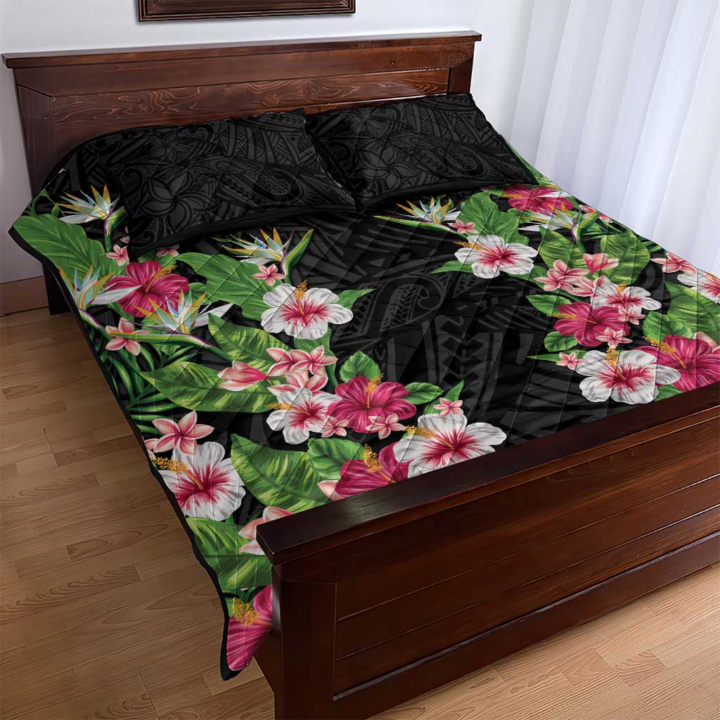 Hawaii Tropical Flowers Quilt Bed Set Black Polynesian Tattoo Art