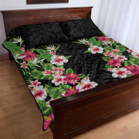 Hawaii Tropical Flowers Quilt Bed Set Black Polynesian Tattoo Art