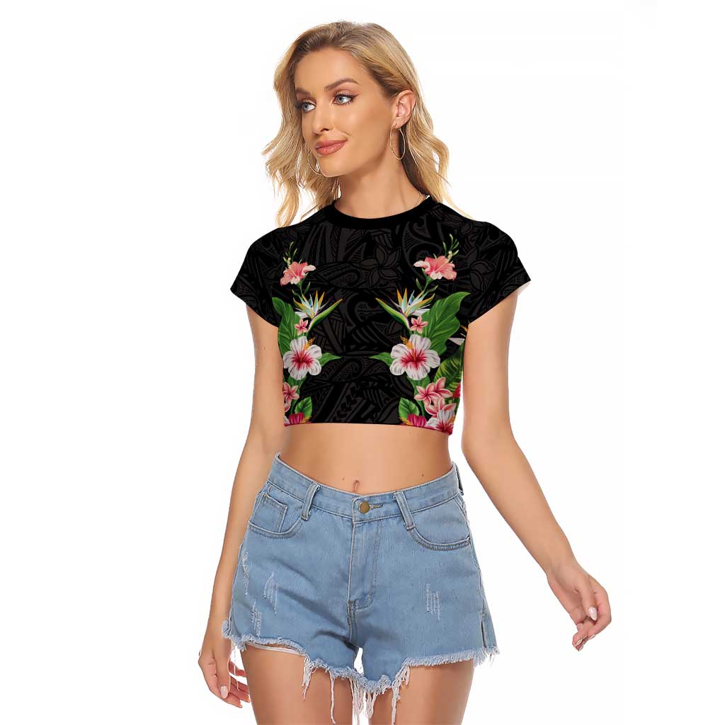 Hawaii Tropical Flowers Raglan Cropped T Shirt Black Polynesian Tattoo Art LT05 Female Black - Polynesian Pride