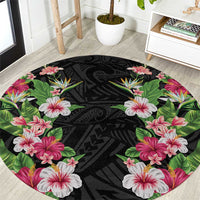 Hawaii Tropical Flowers Round Carpet Black Polynesian Tattoo Art LT05 Black - Polynesian Pride