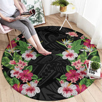 Hawaii Tropical Flowers Round Carpet Black Polynesian Tattoo Art LT05 - Polynesian Pride