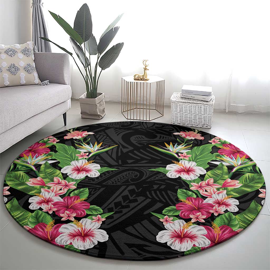 Hawaii Tropical Flowers Round Carpet Black Polynesian Tattoo Art LT05 - Polynesian Pride