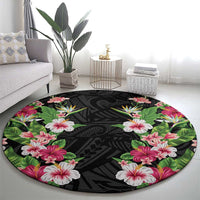 Hawaii Tropical Flowers Round Carpet Black Polynesian Tattoo Art LT05 - Polynesian Pride