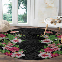 Hawaii Tropical Flowers Round Carpet Black Polynesian Tattoo Art LT05 - Polynesian Pride