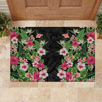 Hawaii Tropical Flowers Rubber Doormat Black Polynesian Tattoo Art LT05 Black - Polynesian Pride