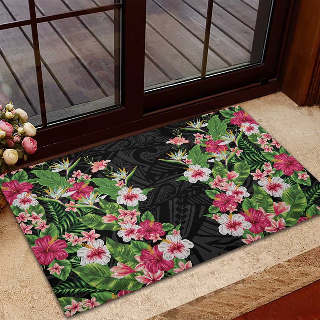 Hawaii Tropical Flowers Rubber Doormat Black Polynesian Tattoo Art LT05 - Polynesian Pride