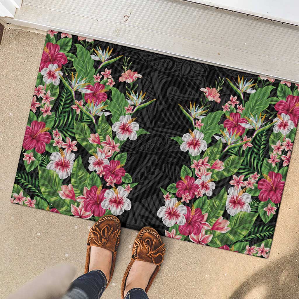 Hawaii Tropical Flowers Rubber Doormat Black Polynesian Tattoo Art LT05 - Polynesian Pride