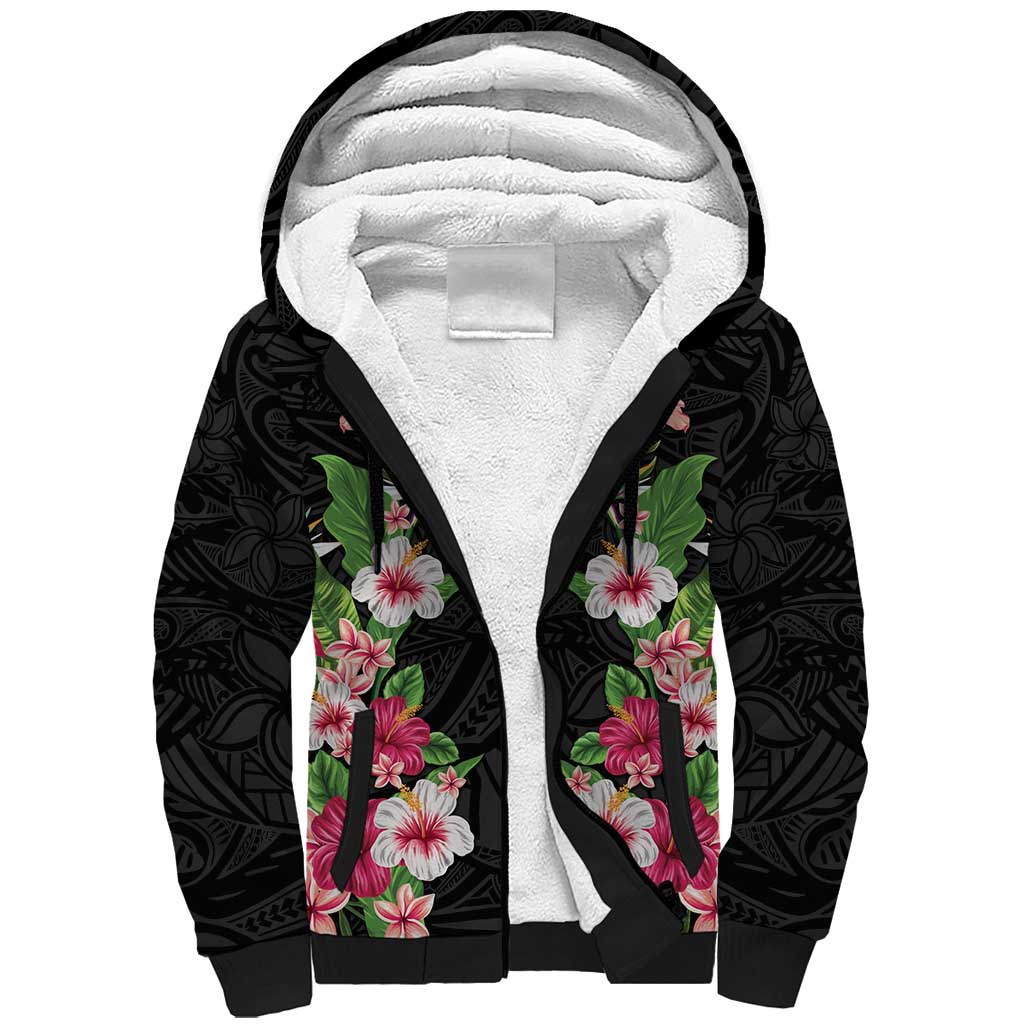 Hawaii Tropical Flowers Sherpa Hoodie Black Polynesian Tattoo Art LT05 Unisex Black - Polynesian Pride