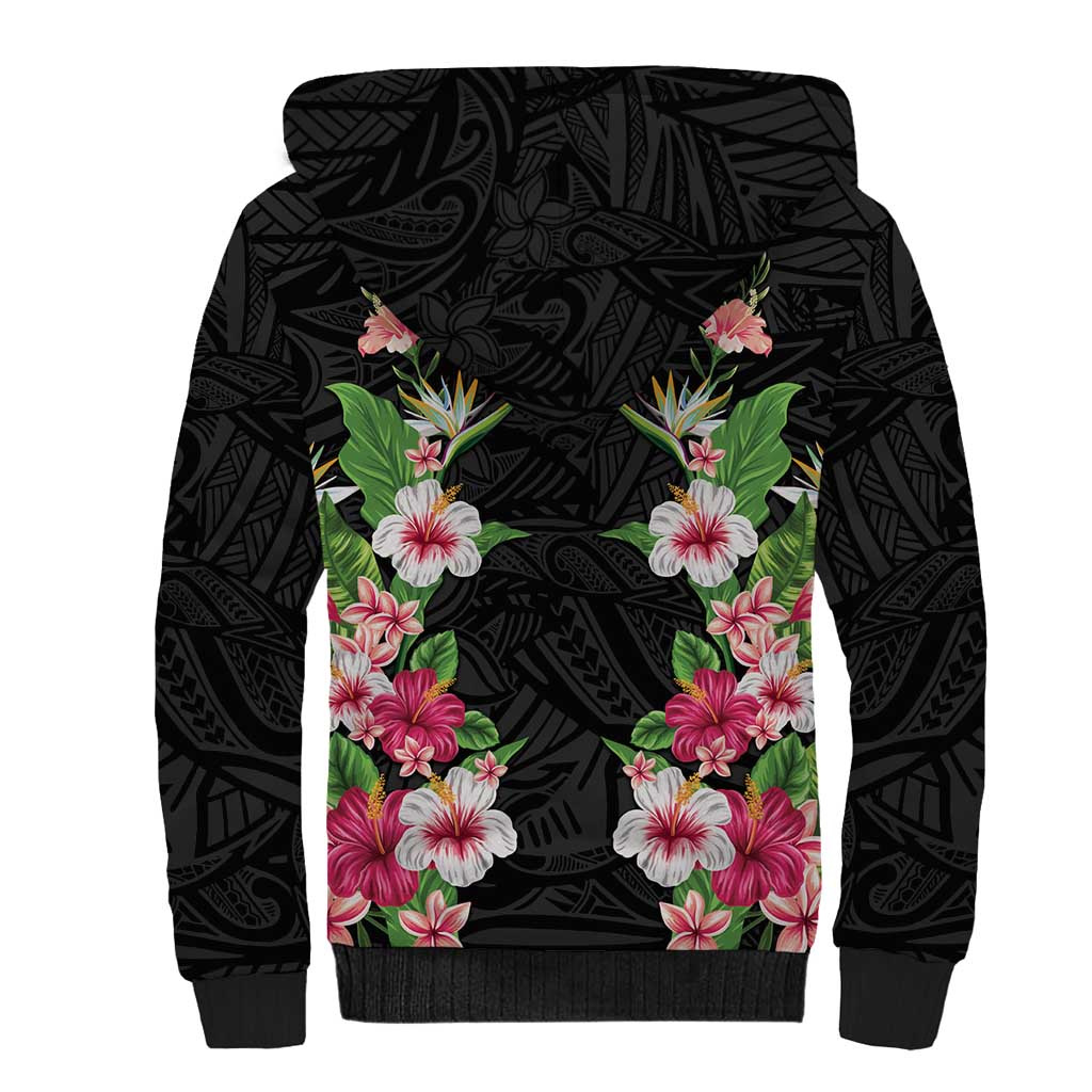 Hawaii Tropical Flowers Sherpa Hoodie Black Polynesian Tattoo Art LT05 - Polynesian Pride