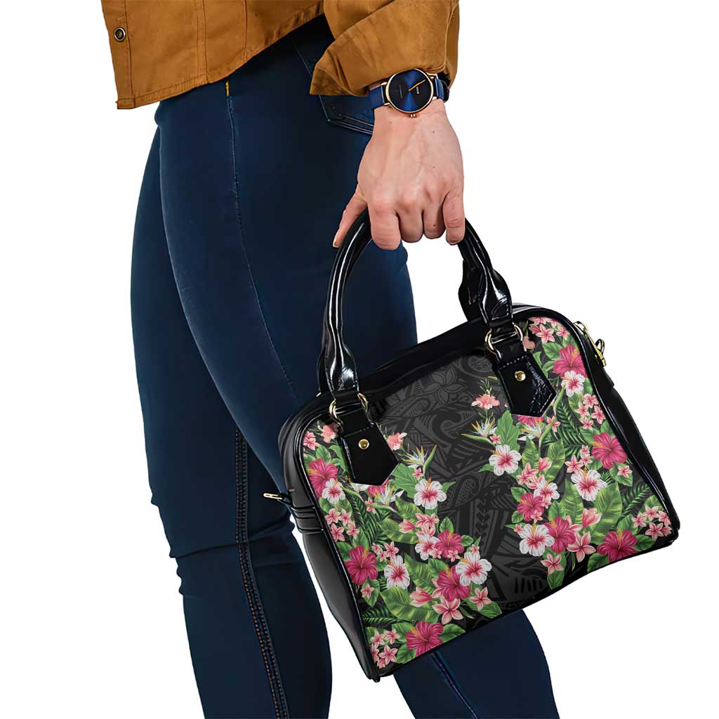 Hawaii Tropical Flowers Shoulder Handbag Black Polynesian Tattoo Art LT05 - Polynesian Pride