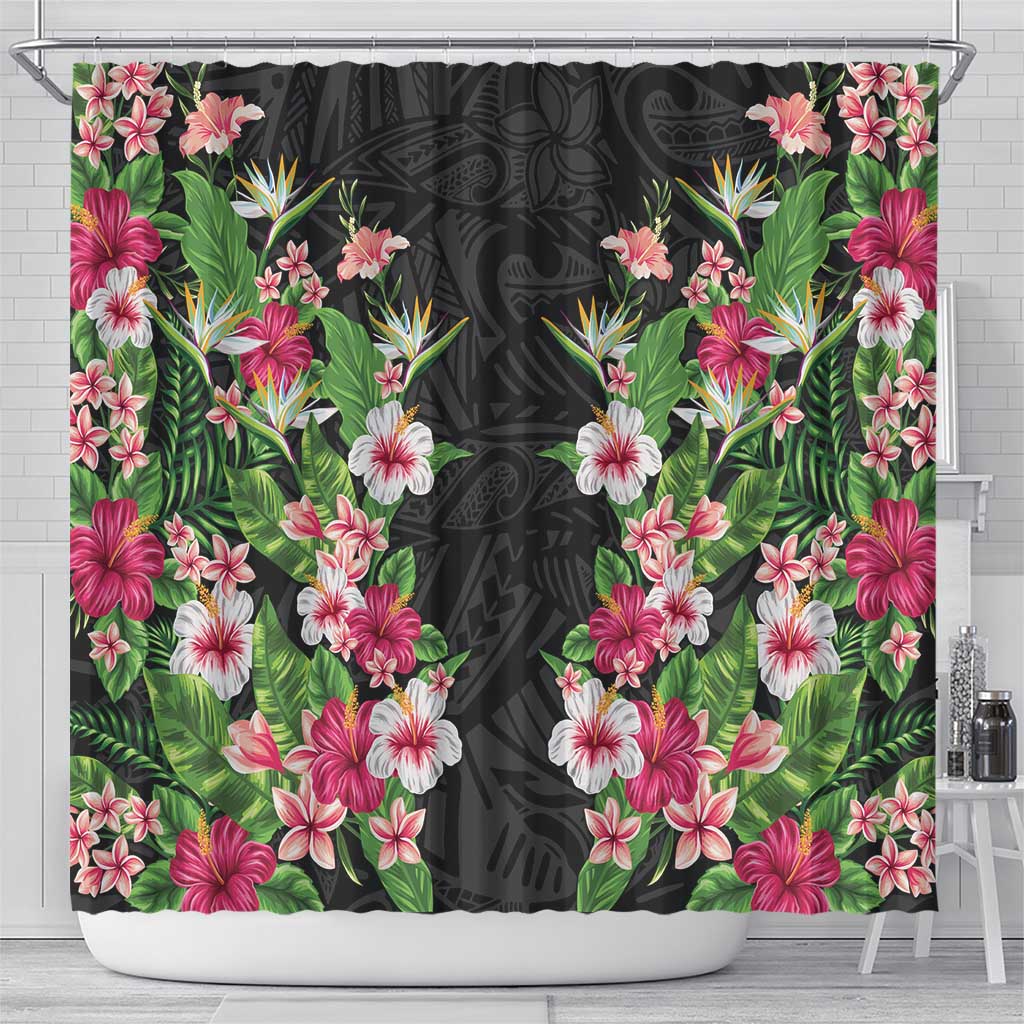Hawaii Tropical Flowers Shower Curtain Black Polynesian Tattoo Art LT05 - Polynesian Pride