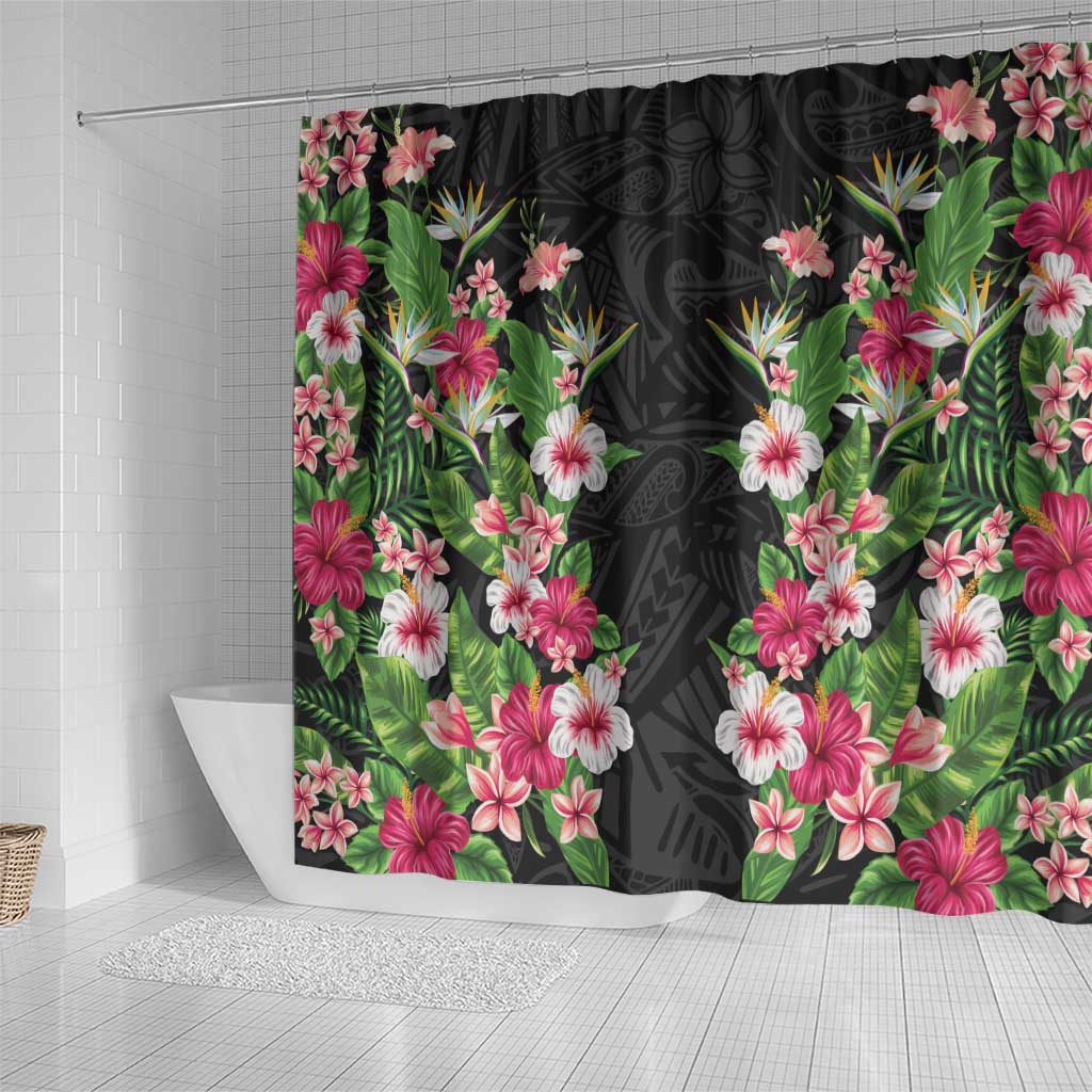 Hawaii Tropical Flowers Shower Curtain Black Polynesian Tattoo Art LT05 - Polynesian Pride