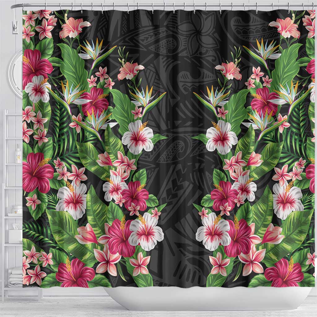Hawaii Tropical Flowers Shower Curtain Black Polynesian Tattoo Art LT05 - Polynesian Pride
