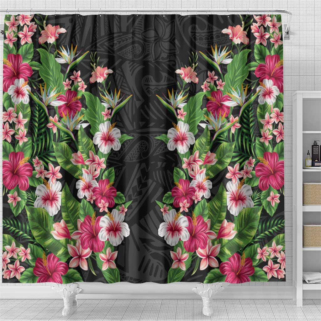 Hawaii Tropical Flowers Shower Curtain Black Polynesian Tattoo Art LT05 - Polynesian Pride