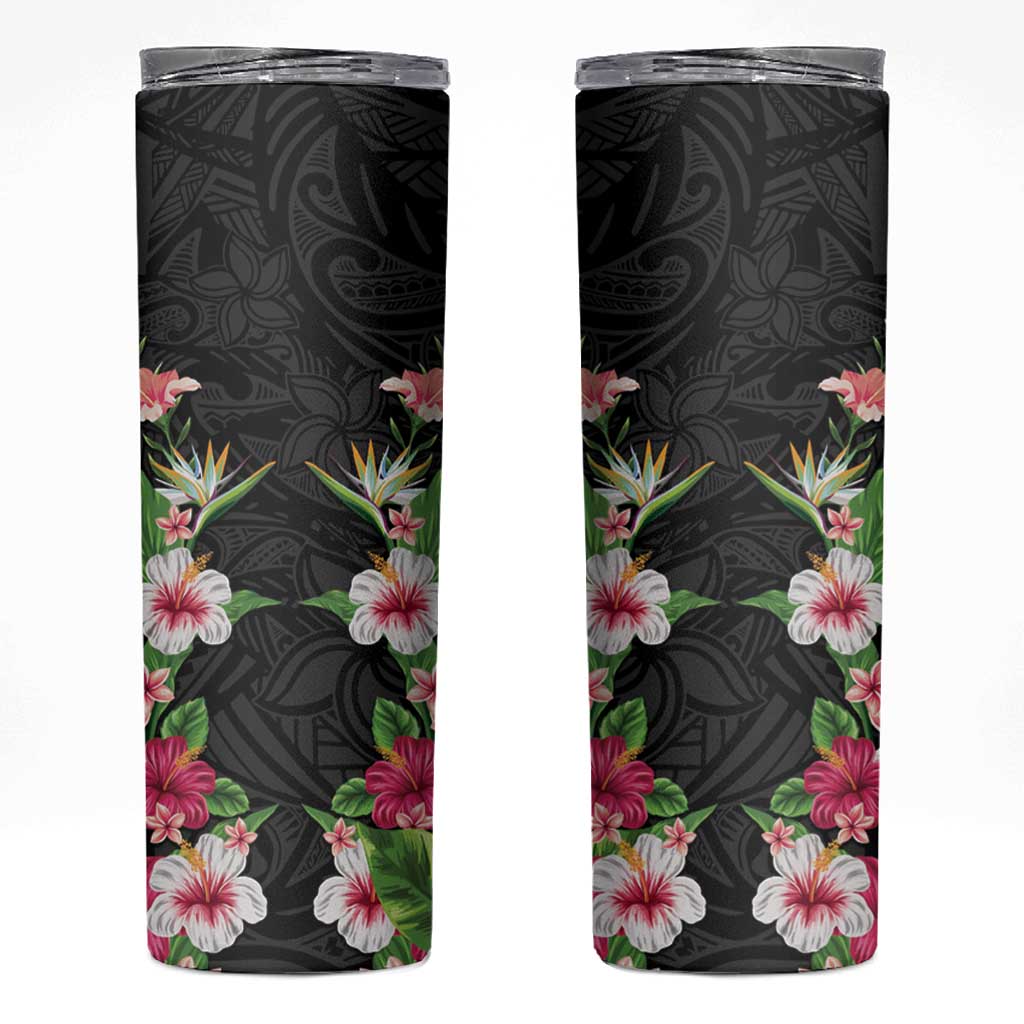 Hawaii Tropical Flowers Skinny Tumbler Black Polynesian Tattoo Art LT05 Black - Polynesian Pride