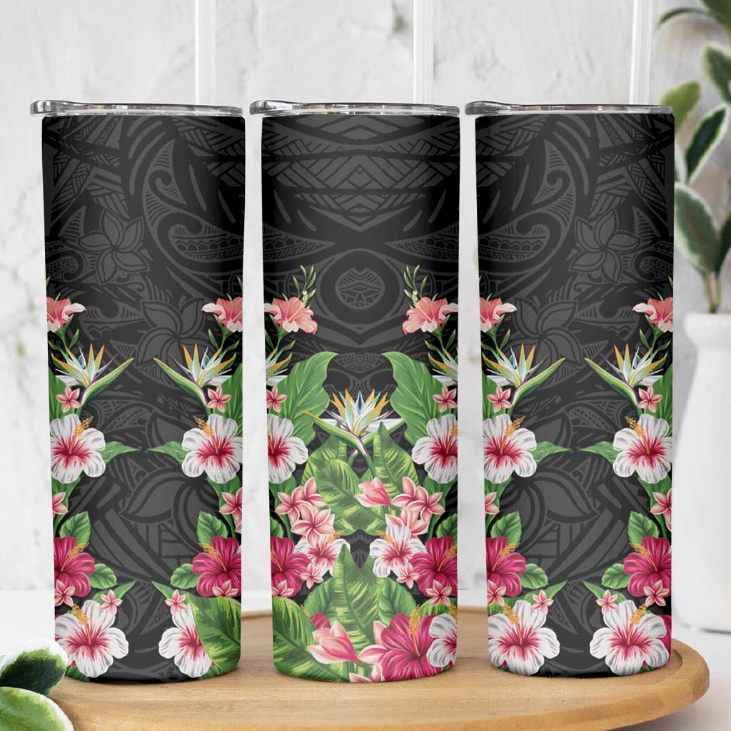 Hawaii Tropical Flowers Skinny Tumbler Black Polynesian Tattoo Art LT05 - Polynesian Pride