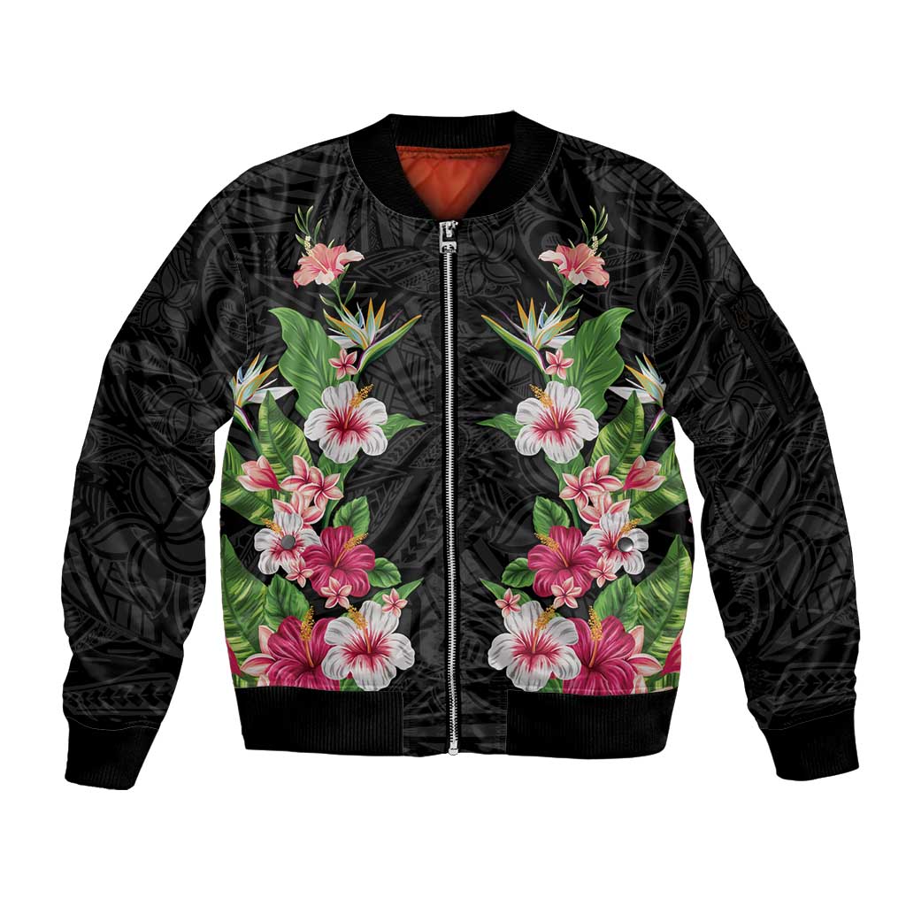 Hawaii Tropical Flowers Sleeve Zip Bomber Jacket Black Polynesian Tattoo Art LT05 Unisex Black - Polynesian Pride