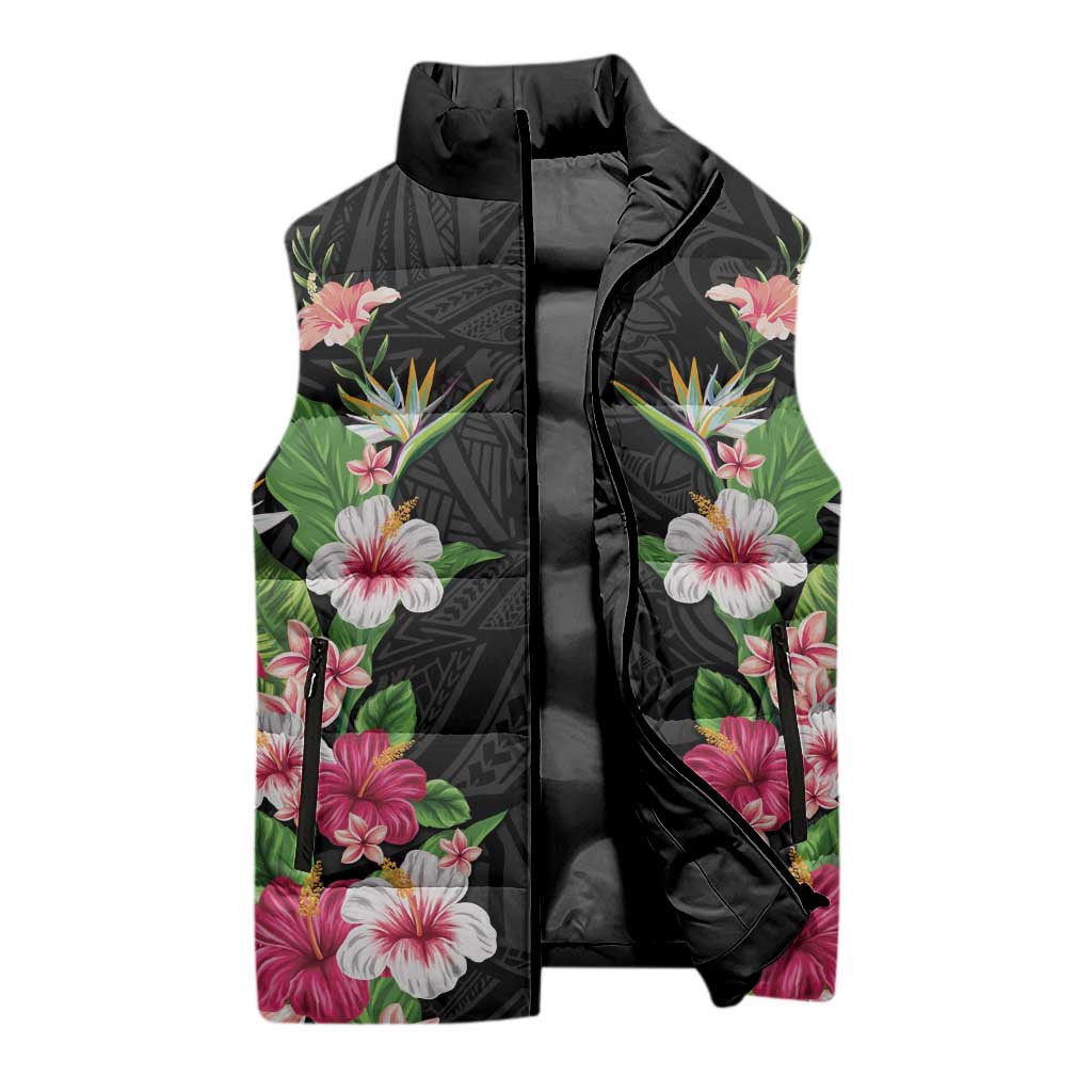 Hawaii Tropical Flowers Sleeveless Puffer Jacket Black Polynesian Tattoo Art LT05 - Polynesian Pride