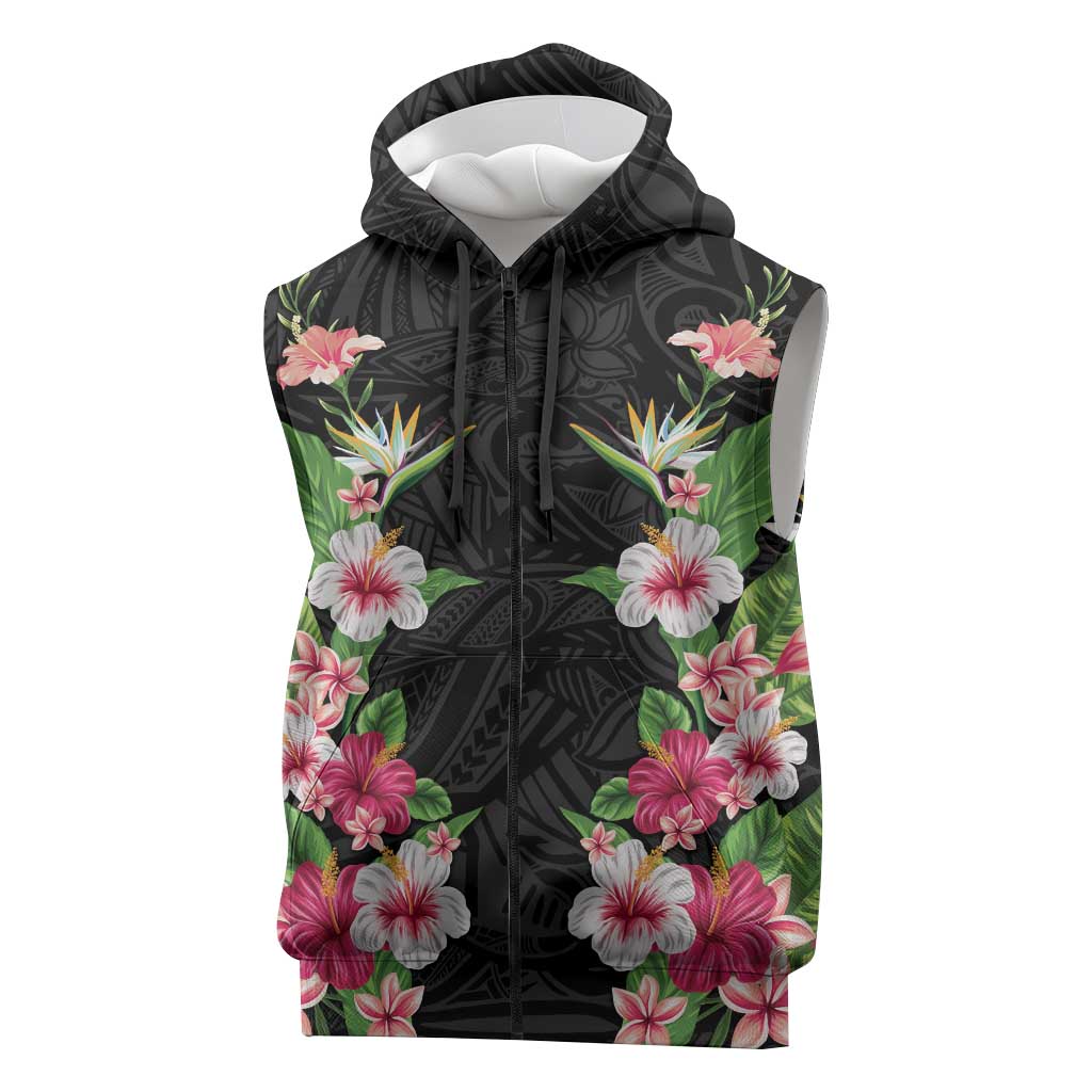 Hawaii Tropical Flowers Sleeveless Zip Hoodie Black Polynesian Tattoo Art LT05 Black - Polynesian Pride