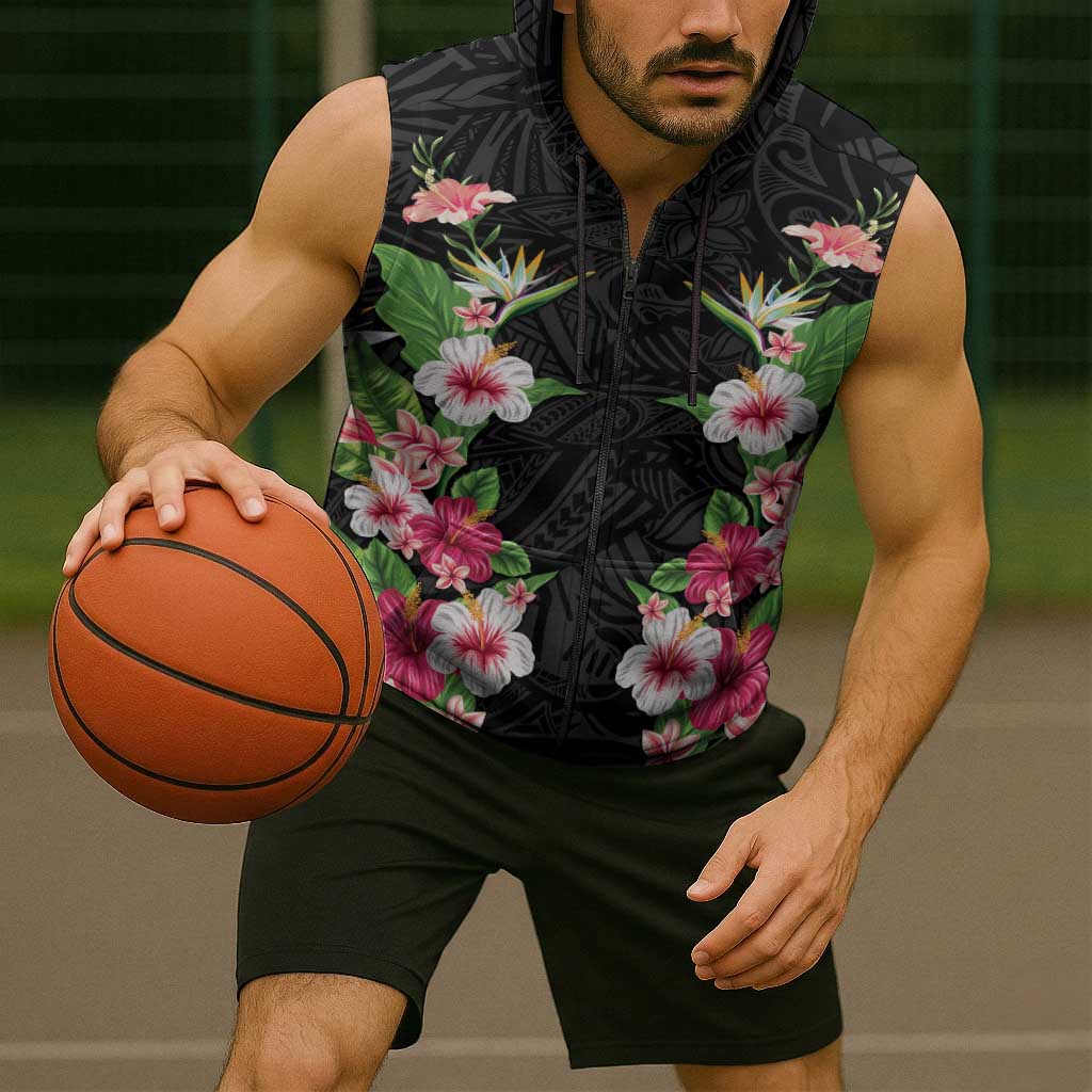 Hawaii Tropical Flowers Sleeveless Zip Hoodie Black Polynesian Tattoo Art LT05 - Polynesian Pride