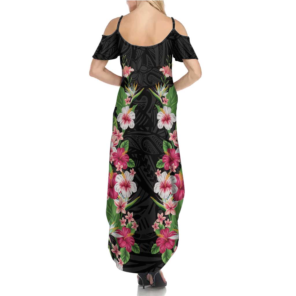 Hawaii Tropical Flowers Summer Maxi Dress Black Polynesian Tattoo Art LT05 - Polynesian Pride