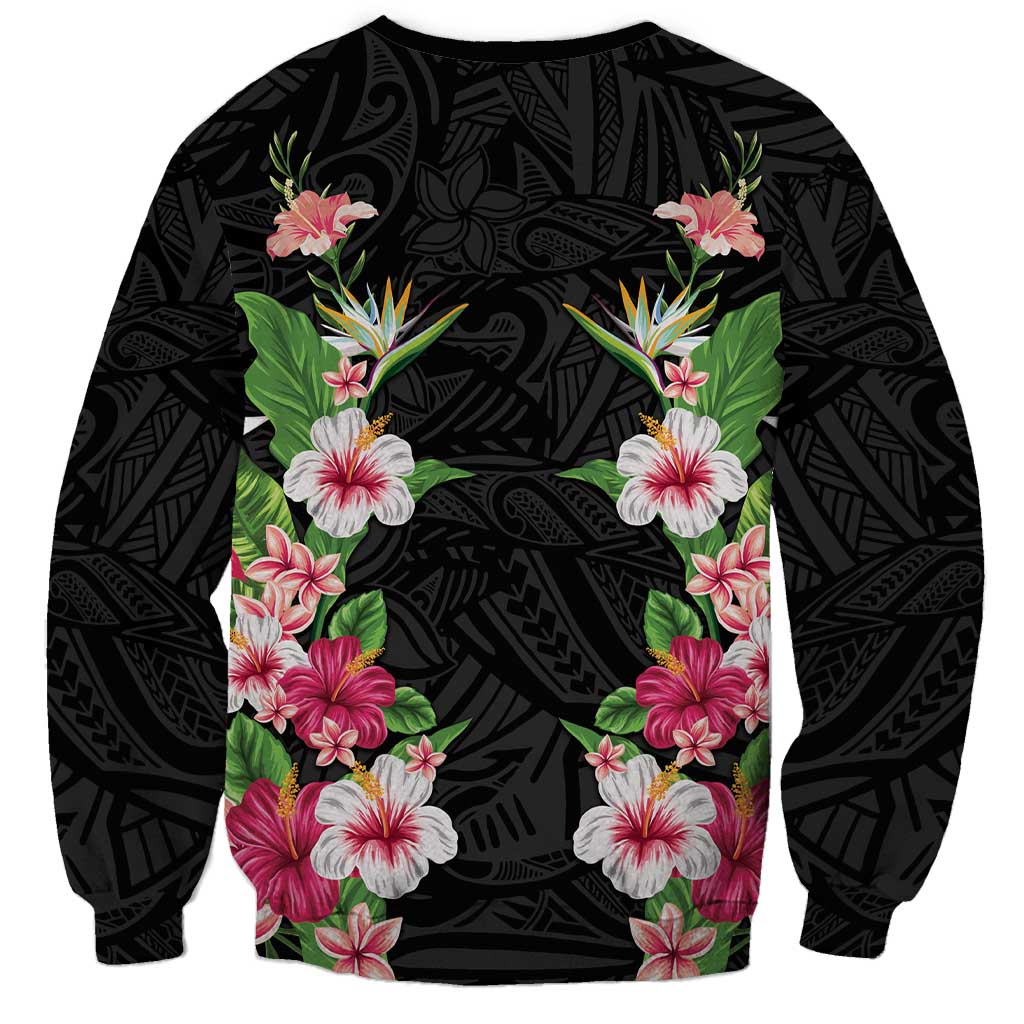 Hawaii Tropical Flowers Sweatshirt Black Polynesian Tattoo Art LT05 - Polynesian Pride