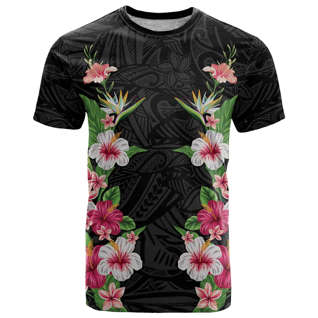 Hawaii Tropical Flowers T Shirt Black Polynesian Tattoo Art LT05 Black - Polynesian Pride