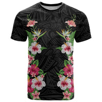 Hawaii Tropical Flowers T Shirt Black Polynesian Tattoo Art LT05 Black - Polynesian Pride