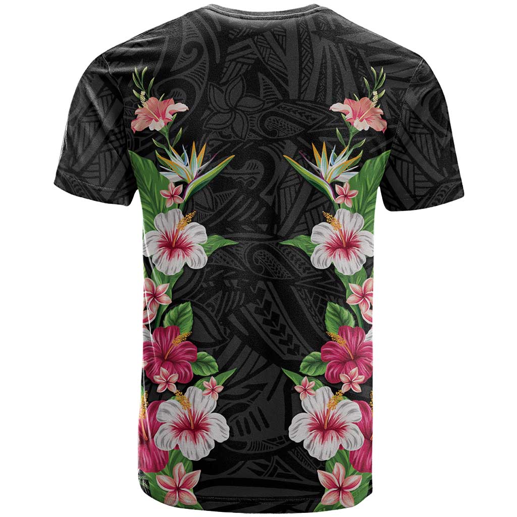 Hawaii Tropical Flowers T Shirt Black Polynesian Tattoo Art LT05 - Polynesian Pride