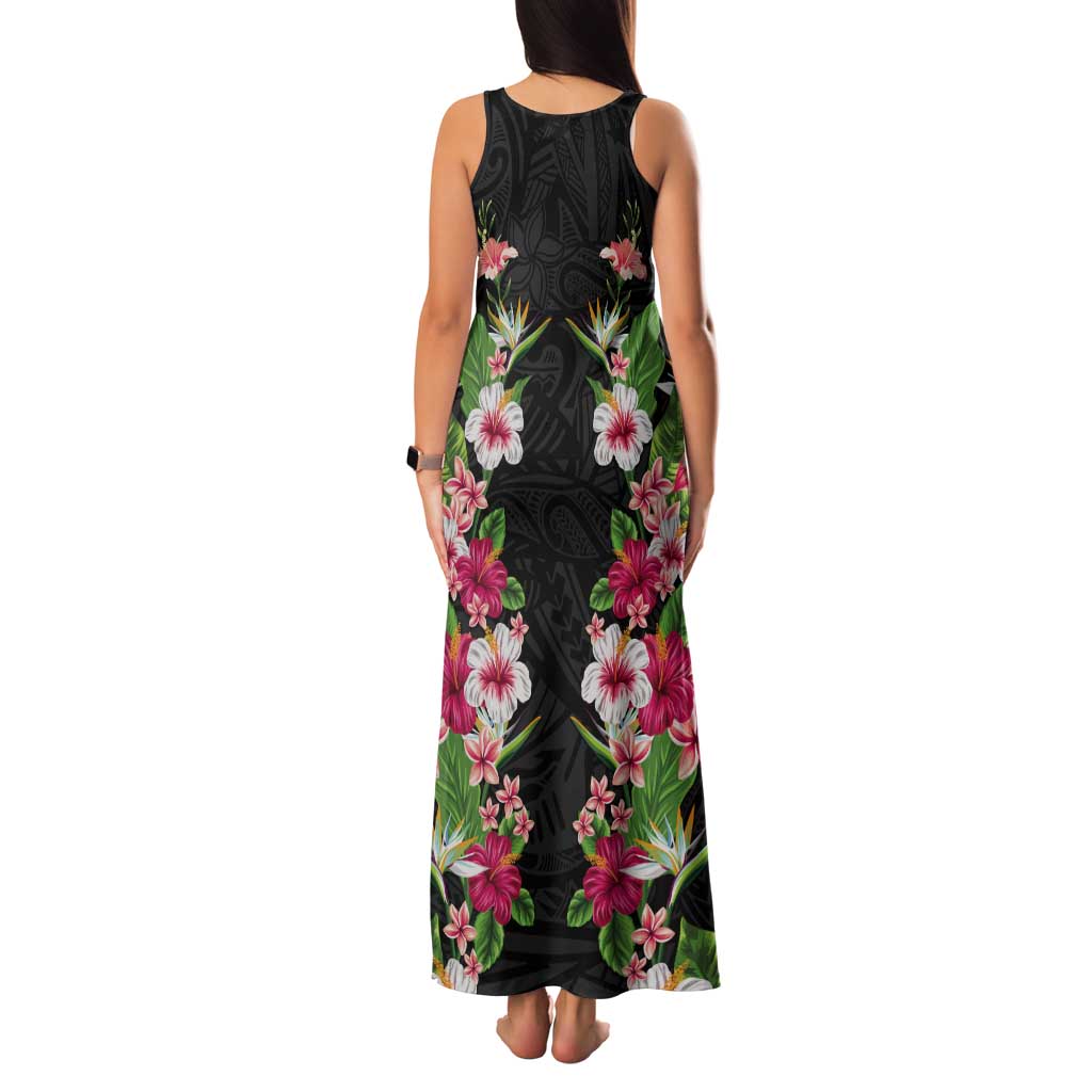 Hawaii Tropical Flowers Tank Maxi Dress Black Polynesian Tattoo Art LT05 - Polynesian Pride