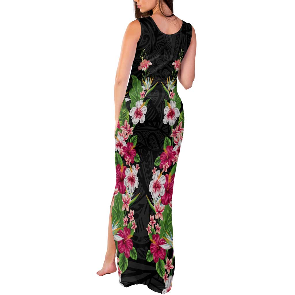 Hawaii Tropical Flowers Tank Maxi Dress Black Polynesian Tattoo Art LT05 - Polynesian Pride