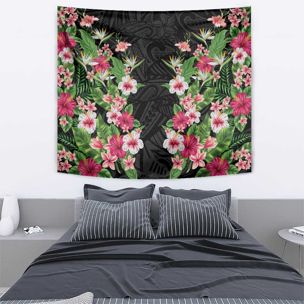Hawaii Tropical Flowers Tapestry Black Polynesian Tattoo Art LT05 - Polynesian Pride