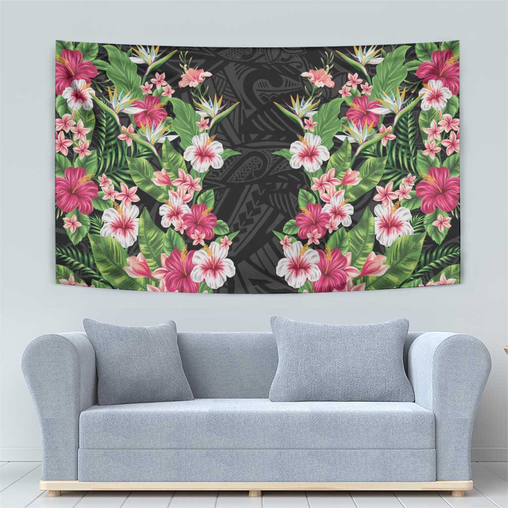 Hawaii Tropical Flowers Tapestry Black Polynesian Tattoo Art LT05 - Polynesian Pride