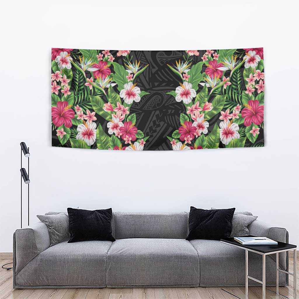 Hawaii Tropical Flowers Tapestry Black Polynesian Tattoo Art LT05 - Polynesian Pride