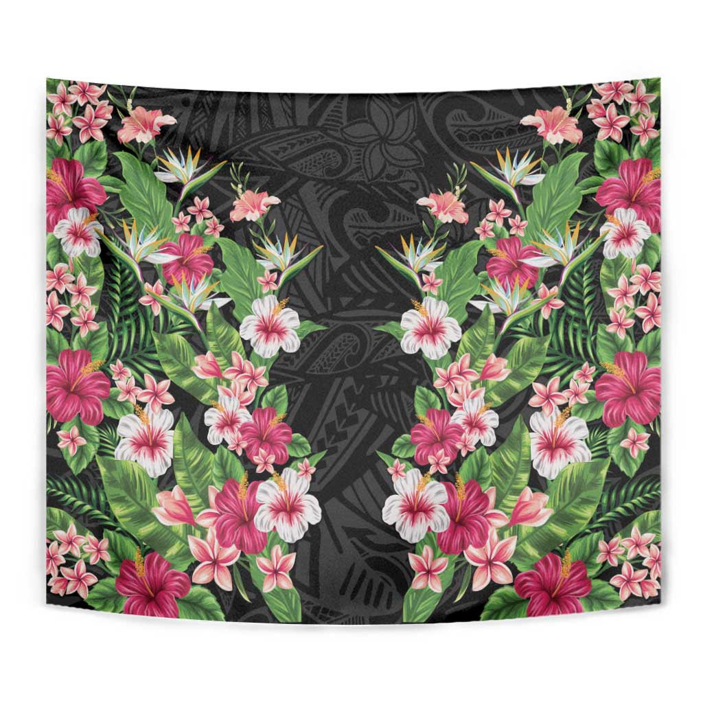 Hawaii Tropical Flowers Tapestry Black Polynesian Tattoo Art LT05 - Polynesian Pride