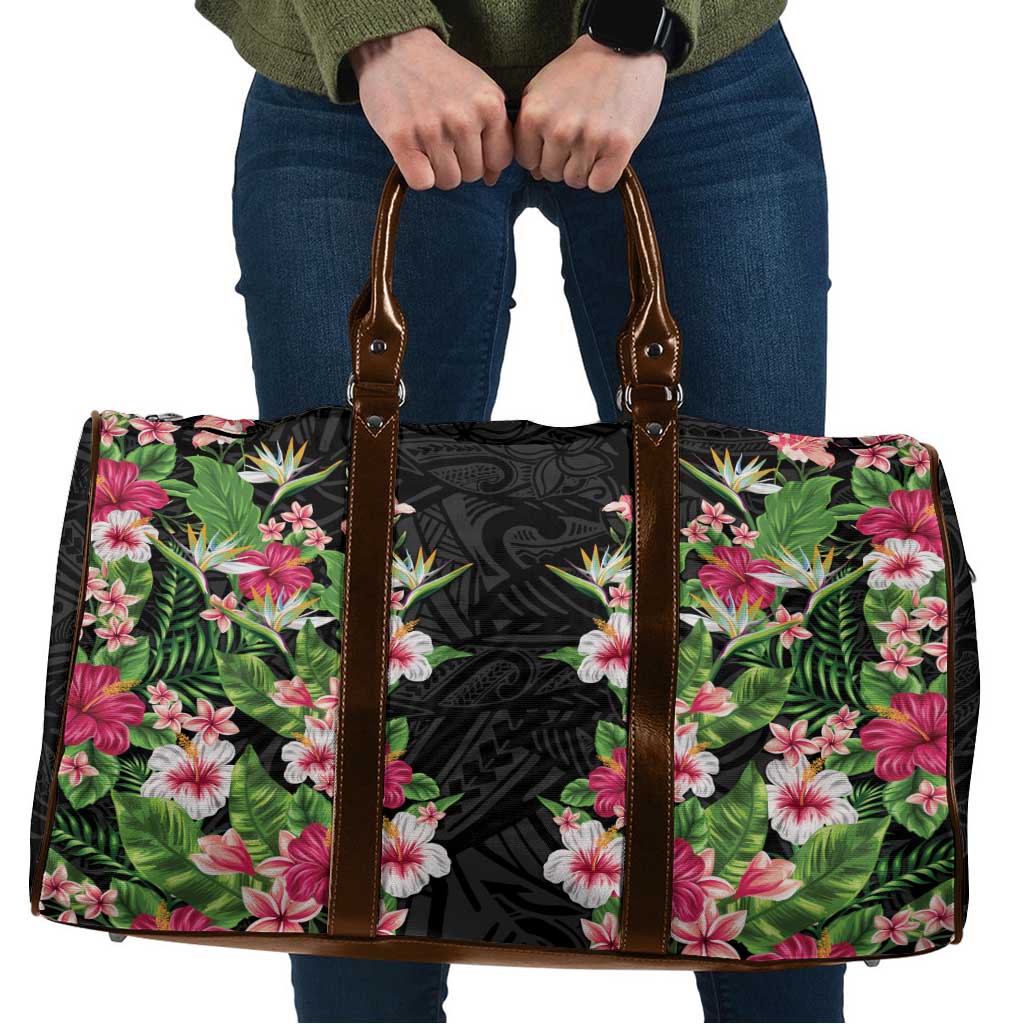 Hawaii Tropical Flowers Travel Bag Black Polynesian Tattoo Art