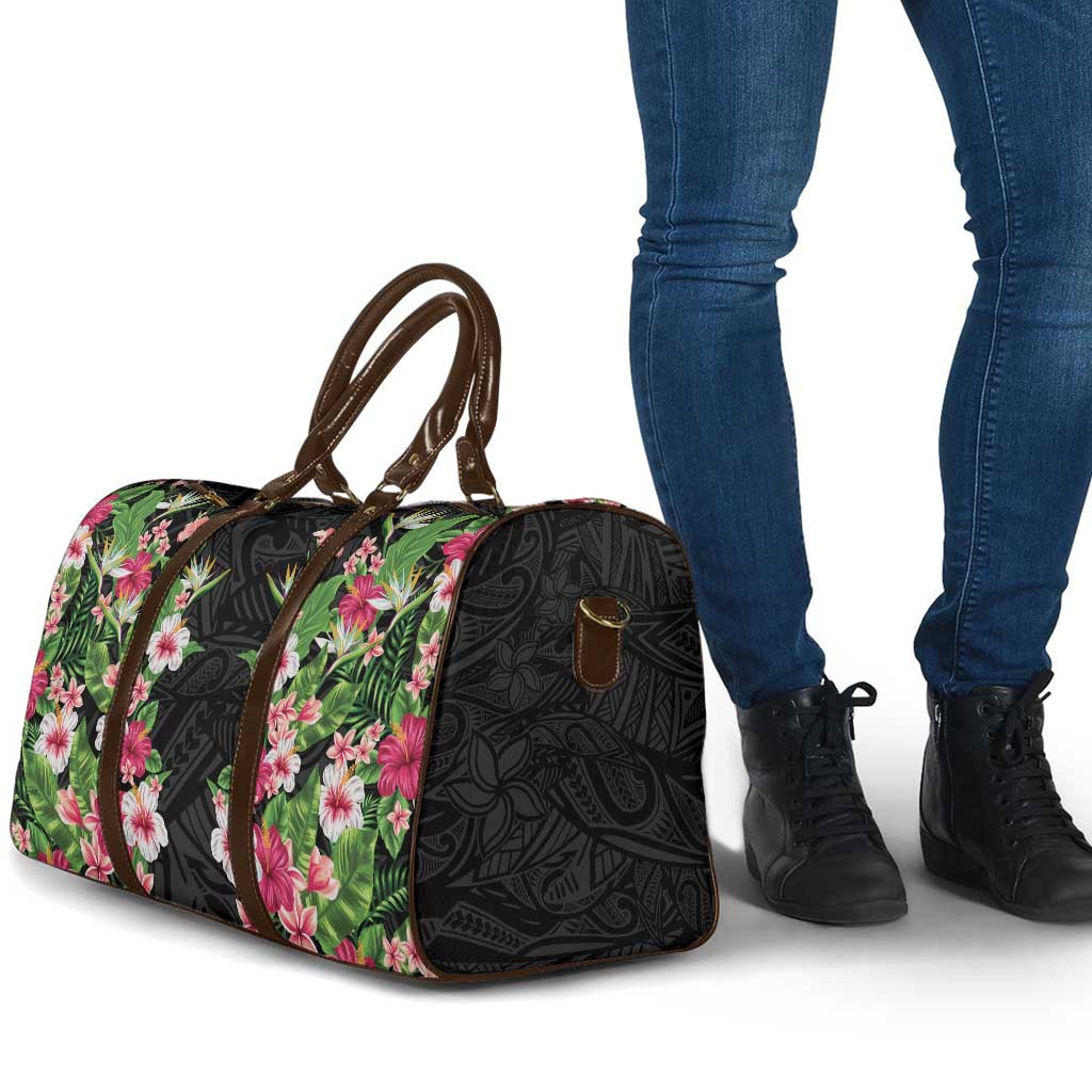 Hawaii Tropical Flowers Travel Bag Black Polynesian Tattoo Art
