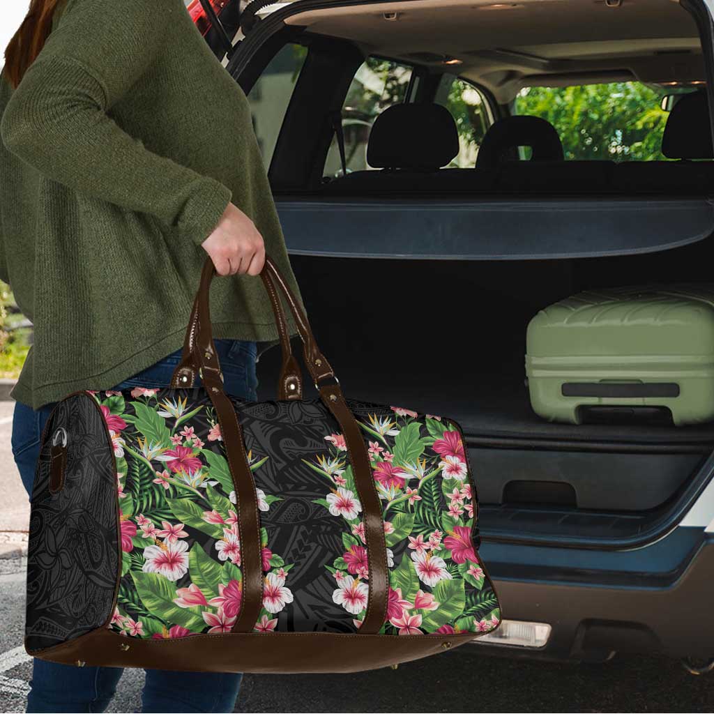 Hawaii Tropical Flowers Travel Bag Black Polynesian Tattoo Art