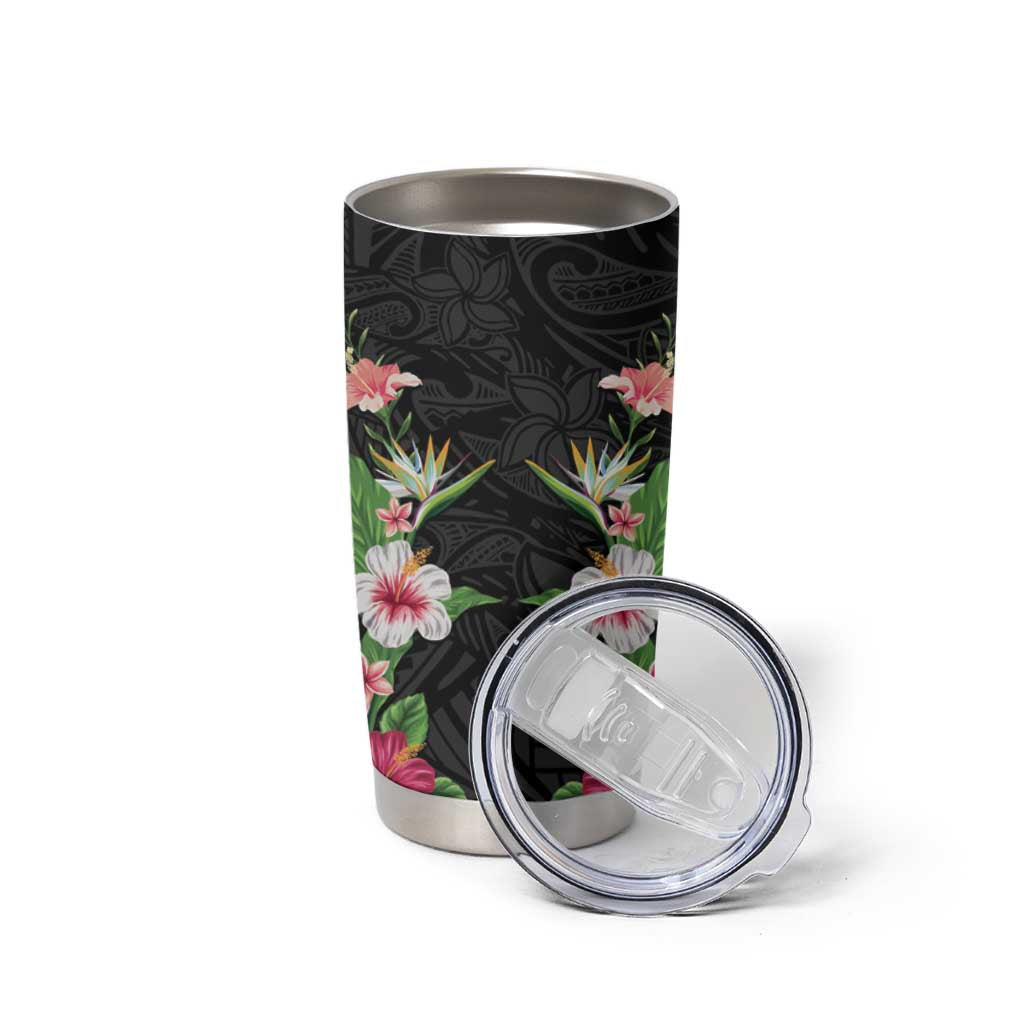 Hawaii Tropical Flowers Tumbler Cup Black Polynesian Tattoo Art LT05 - Polynesian Pride