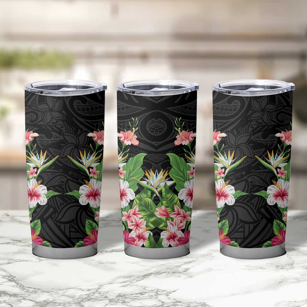 Hawaii Tropical Flowers Tumbler Cup Black Polynesian Tattoo Art LT05 - Polynesian Pride
