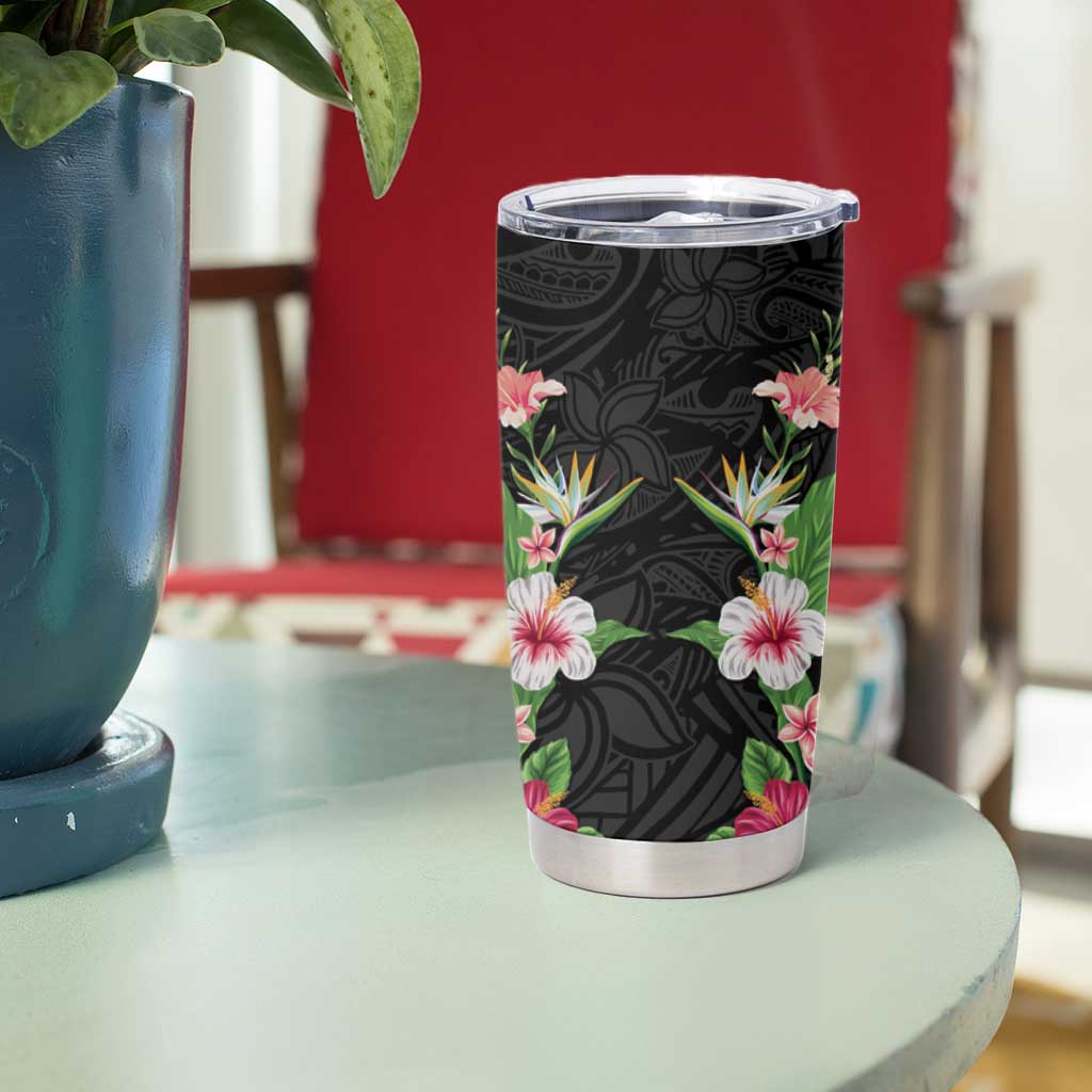 Hawaii Tropical Flowers Tumbler Cup Black Polynesian Tattoo Art LT05 - Polynesian Pride