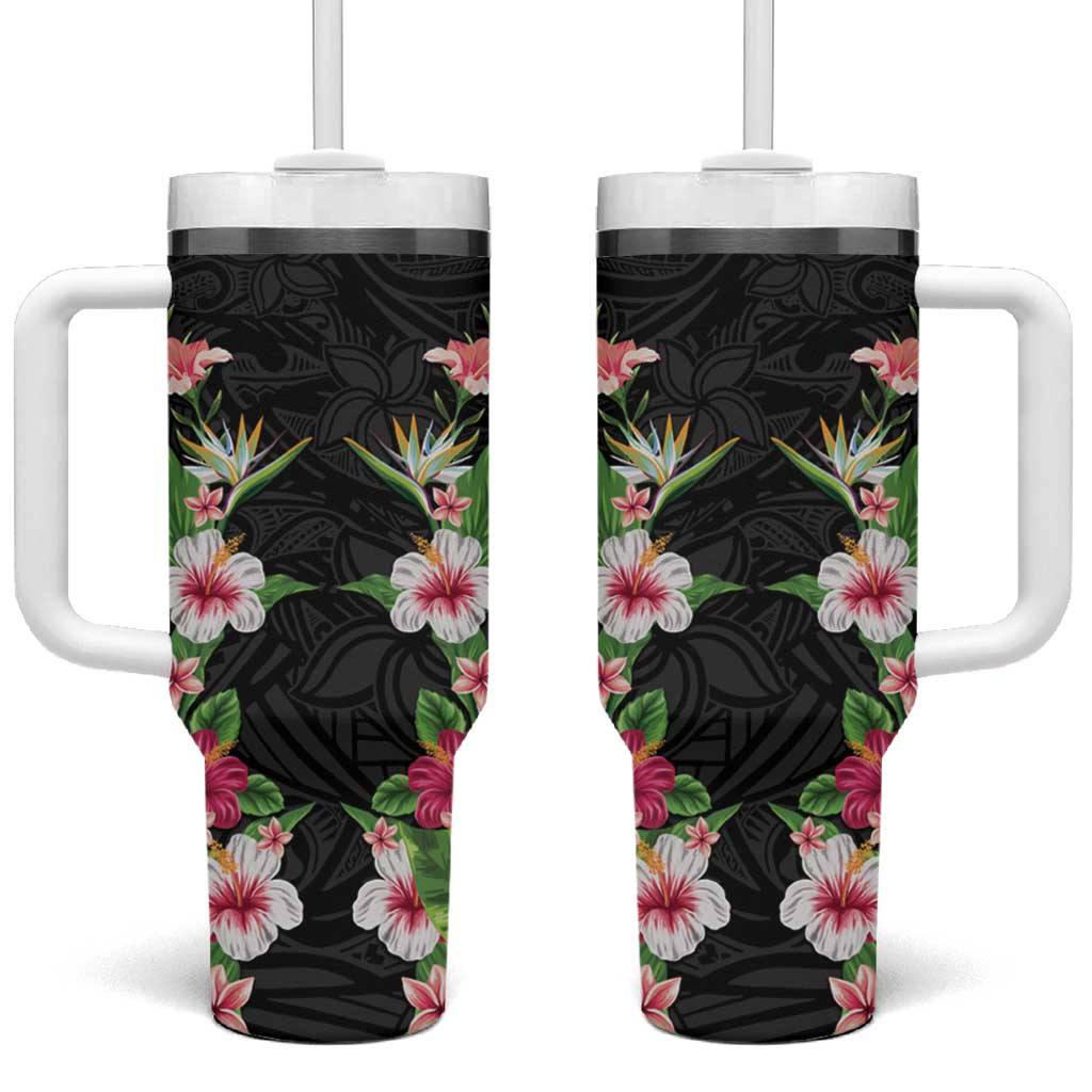 Hawaii Tropical Flowers Tumbler With Handle Black Polynesian Tattoo Art LT05 One Size: 40 oz Black - Polynesian Pride