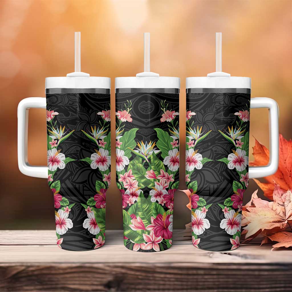 Hawaii Tropical Flowers Tumbler With Handle Black Polynesian Tattoo Art LT05 - Polynesian Pride