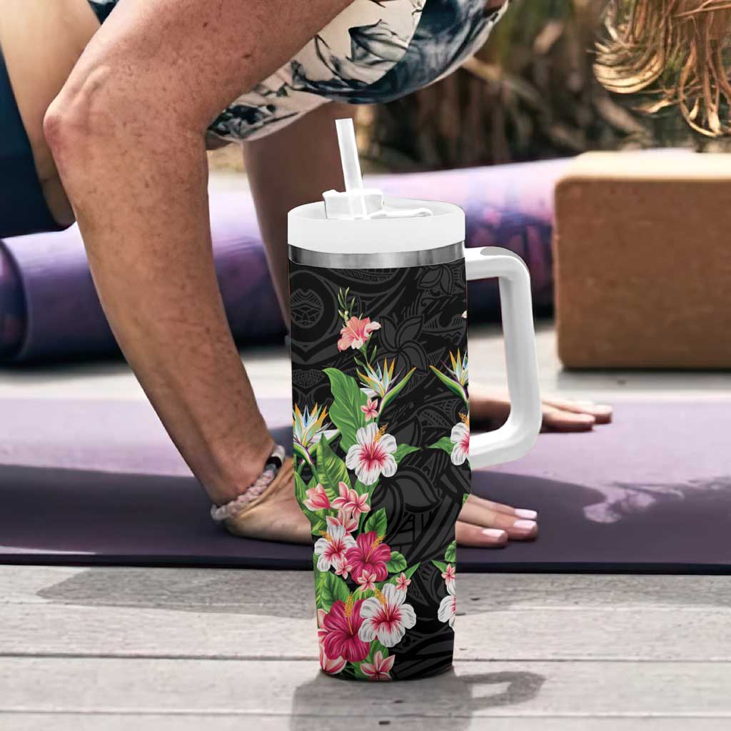 Hawaii Tropical Flowers Tumbler With Handle Black Polynesian Tattoo Art LT05 - Polynesian Pride