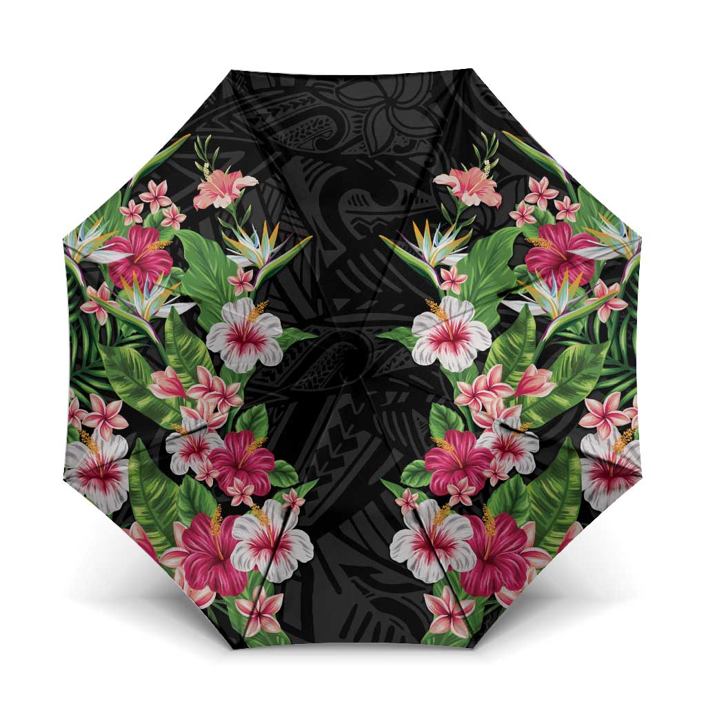 Hawaii Tropical Flowers Umbrella Black Polynesian Tattoo Art LT05 One Size Folded 11.42 inch Opened Diameter 37.4 inch Black - Polynesian Pride