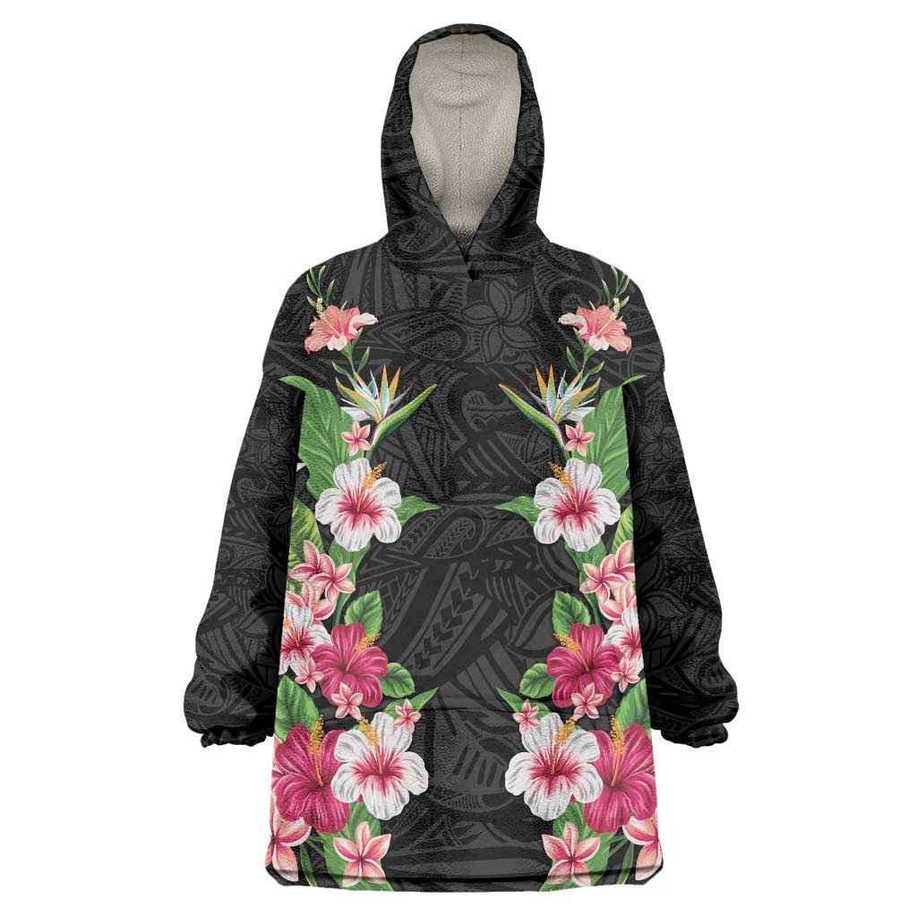 Hawaii Tropical Flowers Wearable Blanket Hoodie Black Polynesian Tattoo Art LT05 One Size Black - Polynesian Pride